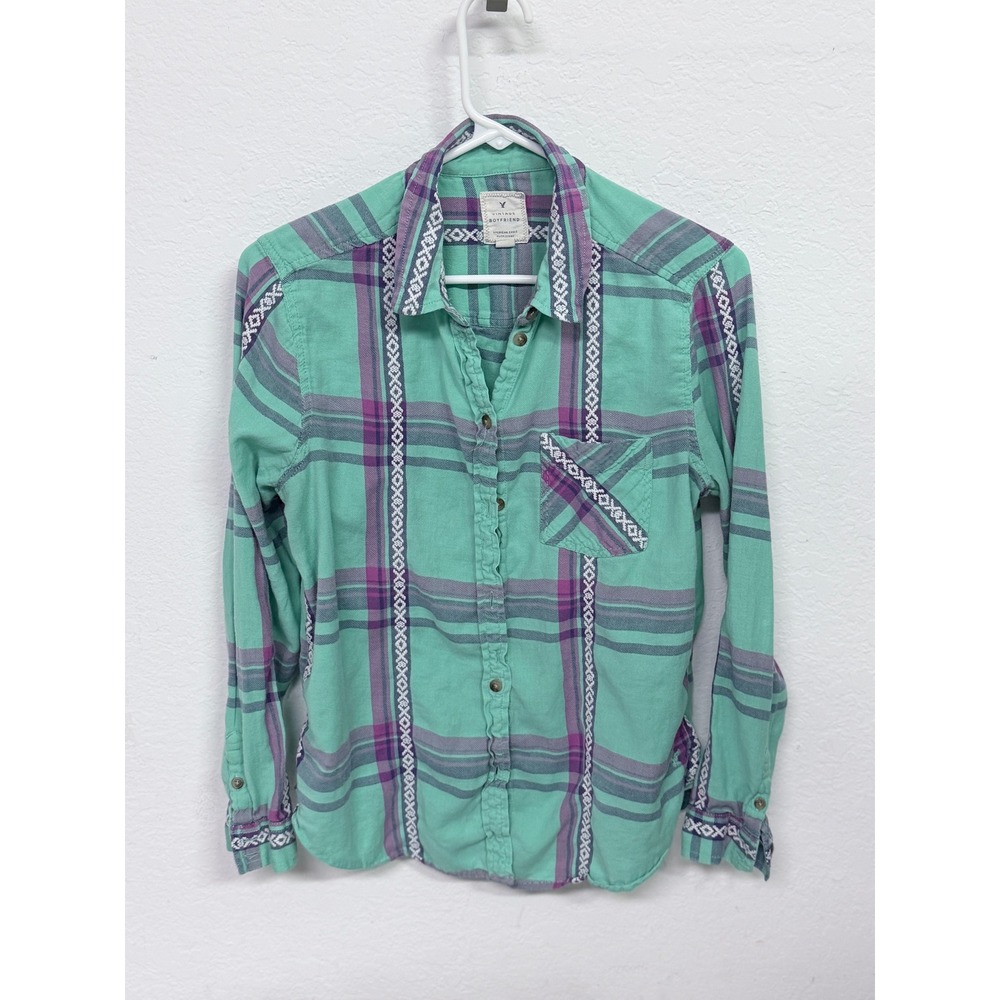American Eagle Vintage Boyfriend Flannel Plaid Embroidered Shirt Mint Purple L